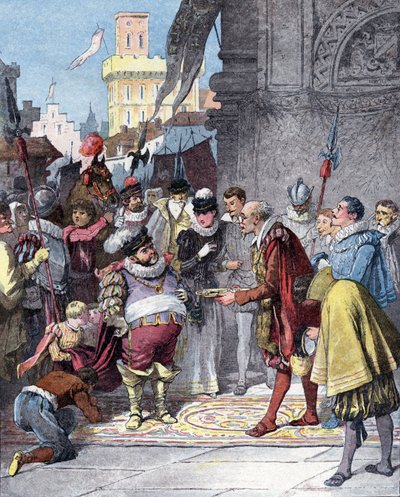 Sancho Panza aangesteld als gouverneur van het eiland Barataria, illustratie van boek door Miguel de Cervantes 