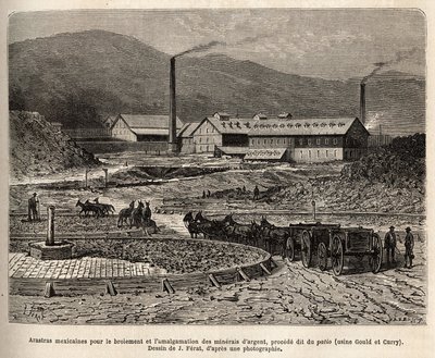 Mexicaanse arastras (gebied vertrapt door de voeten van de muilezels, zoals voor het treden van de bles) voor het malen en amalgameren van zilvererts (Gould en Curry fabrieken) in de buurt van Virginia City (Nevada), gravure naar de tekening van J.Ferat, i door Jules (after) Ferat