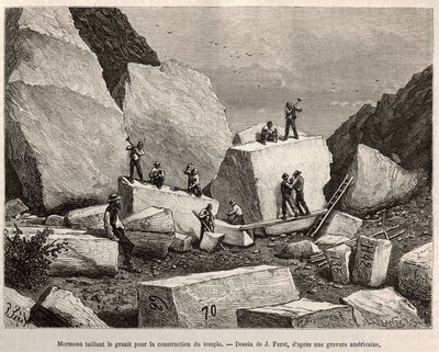 Mormonen hakken graniet voor de tempelbouw. Gravure naar de tekening van J.Ferat, ter illustratie van het verhaal La conquete blanche, door William Hepworth Dixon, in 1875, gepubliceerd in 