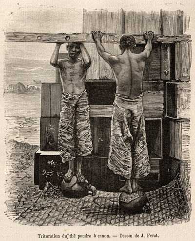 Het pletten van de thee, een proces dat wordt gebruikt om het blad het uiterlijk van een korrel te geven, de mannen leunen op een dwarsbalk rollen en blazen bundels van de thee totdat de vorm korrels vrij compact zijn geworden, in een buskruitfabriek in Fa door Jules (after) Ferat