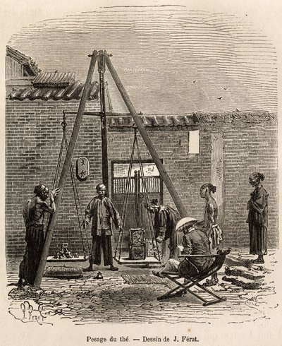 Het wegen van de thee voor verzending naar commerciële markten in een buskruitfabriek in Fati Bay (Canton Provincie), gegraveerd naar een tekening van J.Ferat ter illustratie van de reis naar China, door J. Thompson, in 1870-1872, gepubliceerd in 