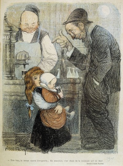 Oké, het serum tegen dronkenschap, ondertussen heb ik een rum uit Jamaica nodig! - getekend door Abel Faivre (1864-1945) door Jules Abel Faivre