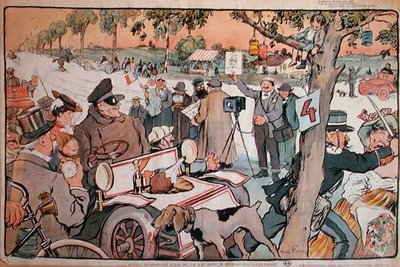 Karikatuur van M. Fournier die vertrekt voor de Parijs-Berlijn rally door Jules Abel Faivre