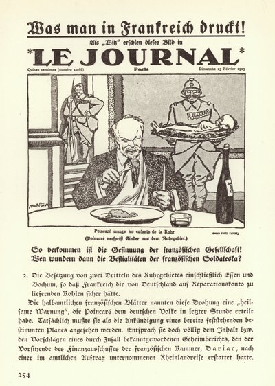 Duitse propaganda toont de voorpagina van een Franse krant met een cartoon van premier Raymond Poincare die de kinderen van het Ruhrgebied opeet tijdens de Franse bezetting van de regio door Jules Abel Faivre