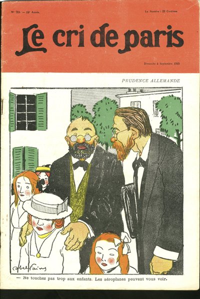 Illustratie van Abel Faivre (1867-1945) voor de Omslag van Le Cri de Paris, 04/09/10 - Raak niet te veel aan kinderen, vliegtuigen kunnen je zien. - Duitsland Pruisen, Luchtvaart door Jules Abel Faivre