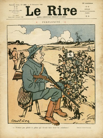 Illustratie door Abel Faivre (1867-1945) voor de omslag van Le Rire, 25/12/09 - Perplexiteit - Platteland, Vrije tijd, Jacht door Jules Abel Faivre
