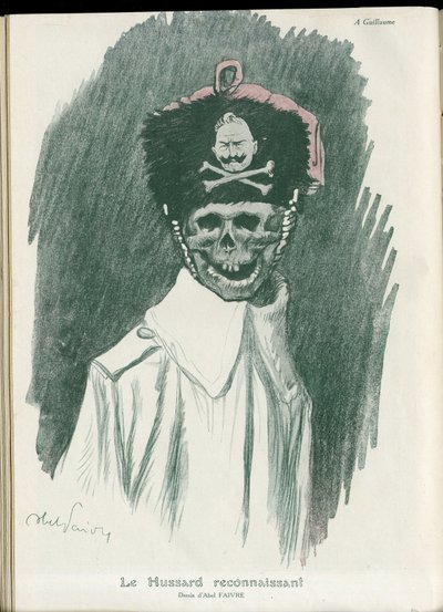 Illustratie door Abel Faivre (1867-1945) in Fantasio, 01/05/15 - De dankbare Hussard - Oorlog van 14-18, Duitsland Pruisen - Willem II, Reaper/Kameraad - Dood, Lachende gezichten door Jules Abel Faivre