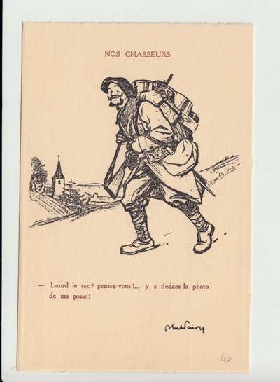 Satirische ansichtkaart, ca. 1915: Onze jagers - Oorlog van 14-18, Fotografie, Vaderschap, Jam van schedel - Soldaten, Alpenjagers door Jules Abel Faivre