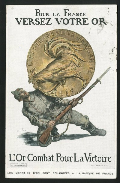 Ansichtkaart, Satirique in kleuren, circa 1915: Voor Frankrijk, Giet uw goud - Oorlog van 14-18, Duitsland Pruisen, Zilver, Belligeranten en symbolen, Overwinning, Lenen, Patriottische dagen - Haan - Illustratie door Abel Faivre (1867-1945) door Jules Abel Faivre