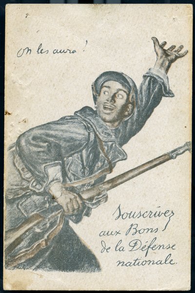 Ansichtkaart van inschrijving op de sprong van de Nationale Defensie met een soldaat die naar het front gaat en roept 