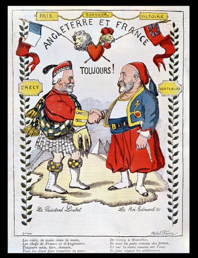 De Entente Cordiale tussen Frankrijk en Groot-Brittannië: karikaturen van President Loubet (1838-1929) en Koning Edward VII (1841-1910), illustratie uit 