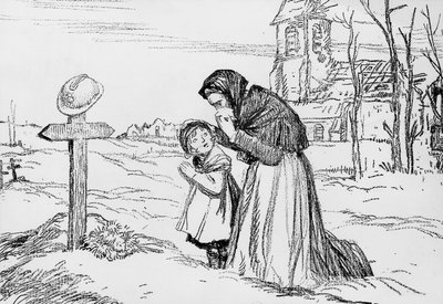 Weduwe en haar kleine dochter huilen bij het graf van hun vader en echtgenoot tijdens de Eerste Wereldoorlog, 1 november door Jules Abel Faivre