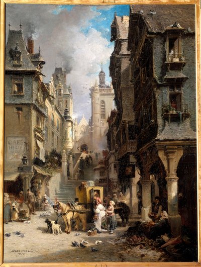 Een straat in Morlaix in 1830 door Jules Achille Noel