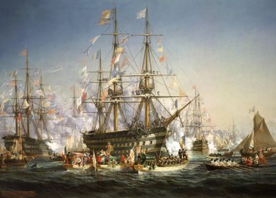 Napoleon III verwelkomt koningin Victoria in Cherbourg, Frankrijk, 5 augustus 1858 door Jules Achille Noel