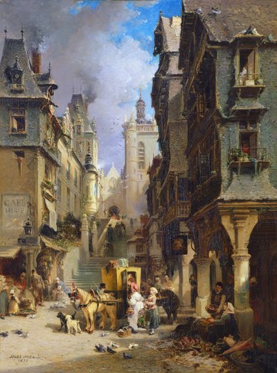 Straatscène in Morlaix in 1830, 1870 door Jules Achille Noel