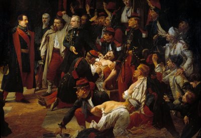 Keizer Napoleon III bezoekt de Franse, Piemontese en Oostenrijkse gewonden van de slag bij Montebello in de ambulances van Voghere in mei 1859 (detail) door Jules Alfred Vincent Rigo