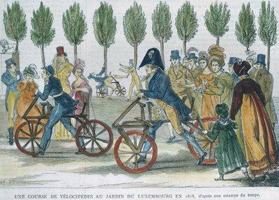 Een velocipederace in Jardin du Luxembourg in 1818 naar een gravure uit die tijd, gegraveerd door P. Comte door Jules Antoine Duvaux