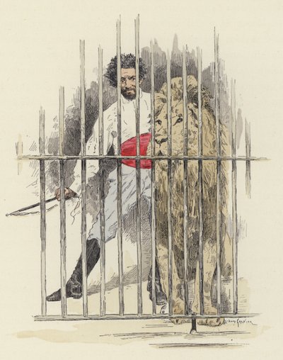 Leeuw en leeuwentemmer in een kooi door Jules Arsene (after) Garnier