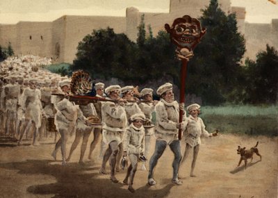 Gastrolaters rukken op naar hun God, Gaster, vol offers. Aan het hoofd van de stoet draagt een man een houten beeld met de naam Manduce aan de top van een stok. Pantagruel. Illustratie door Jules Garnier. In "Rabelais et l