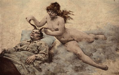 De droom van Panurge: een vrouw komt twee hoorns op zijn hoofd planten. Pantagruel. Illustratie door Jules Garnier. In "Rabelais et l