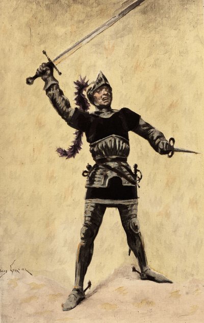 Picrochole, koning van Lerne, draagt een harnas en zwaait met zijn zwaard. Gargantua. illustratie door Jules Garnier. In "Rabelais et l