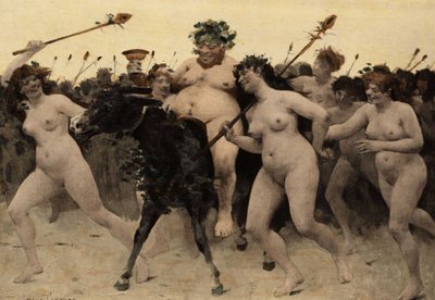 Sileneus (Silene) op een ezel leidt het leger van Bacchus (Dionysos, Bacco) tijdens de strijd tussen Bacchus (Dyonisos, Bacco) en de Indianen. Mozaïek in de Tempel van de Fles. Pantagruel. Illustratie door Jules Garnier. In "Rabelais et l