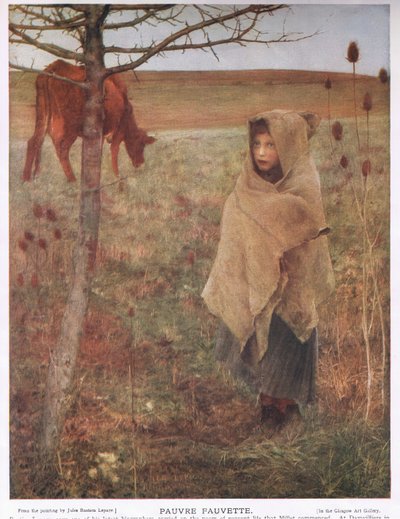 Frankrijk, klein; meisje; Fauvette; koe; landelijk; arm; kleding door Jules Bastien Lepage