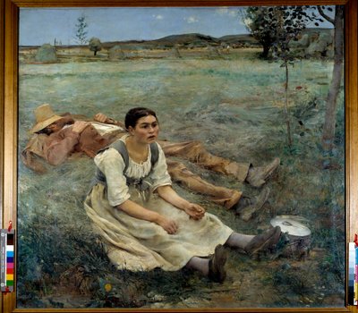 Hooien Een vrouw zit in het gras naast een slapende man tijdens het oogstseizoen. Schilderij door Jules Bastien Lepage (1848-1884) 1877 door Jules Bastien Lepage