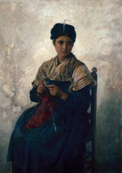 Boerenmeisje aan het Breien door Jules Breton