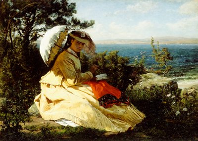 De Vrouw met de Parasol; Baai van Douarnenez, 1871 door Jules Breton