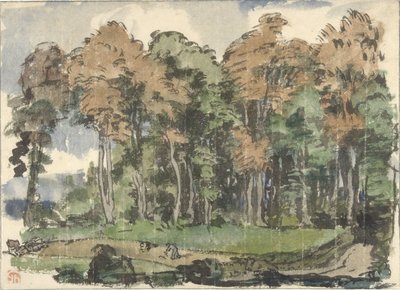 Weg aan een bosrand, met landlieden aan het werk door Jules Chadel