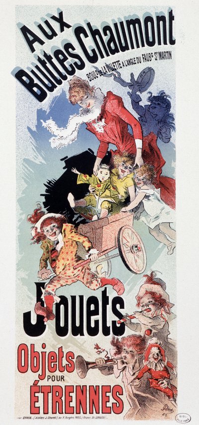Reclame voor speelgoed in de winkel Les Buttes Chaumont - door Jules Cheret, ca. 1890 door Jules Cheret