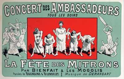 Kunst. Vermaak. Feest van bakkersjongens in het Cabaret: Concert des Ambassadeurs, Parijs. Poster door Jules Cheret, Frankrijk, ca. 1880 (poster) door Jules Cheret