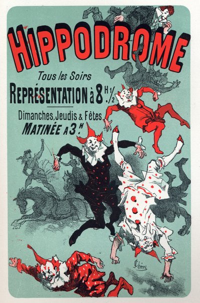 Kunst. Vermaak. Clowns. Show van het circus Hippodrome, Parijs. Poster door Jules Cheret, Frankrijk, ca.1880 (poster) door Jules Cheret