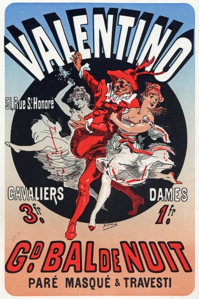 Kunst. Vermaak. Valentino, Gemaskerd Bal in Parijs. Poster door Jules Cheret, Frankrijk, ca. 1870 door Jules Cheret