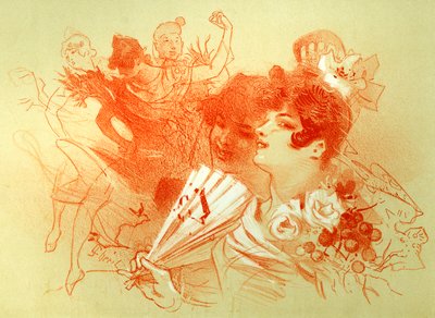 Op het bal - tekening (sanguine) door Jules Cheret (1836 - 1932) - jonge vrouwen en dansers - dans - privécollectie - door Jules Cheret
