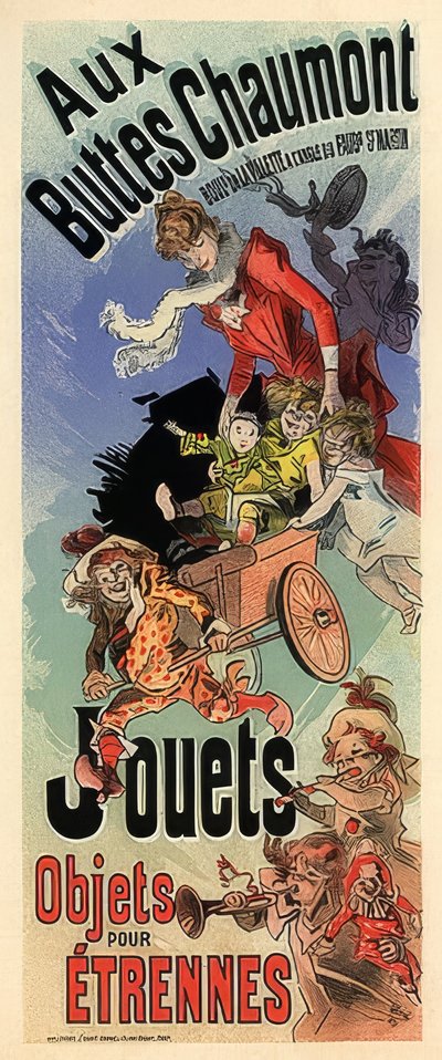 Aux Buttes Chaumont. Reclameposter voor een speelgoedwinkel door Jules Cheret