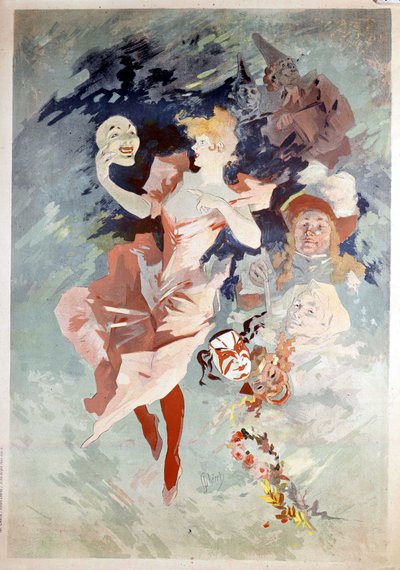 Carnavalposter door Jules Cheret: vrouw met masker, B.N. Parijs. 19e eeuw. door Jules Cheret