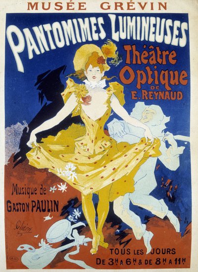 Danser en muzikant - poster voor de lumineuze pantomimes van Reynaud en Paulin in het Grévin museum door Jules Cheret