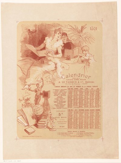 Kalender van boekhandel Abel Pilon en uitgeverij A. Le Vasseur & Cie voor het jaar 1891 door Jules Cheret