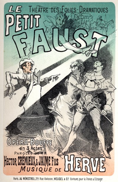 Muziek. De kleine Faust, operette door Herve. Poster door Jules Cheret voor een voorstelling in Parijs door Jules Cheret