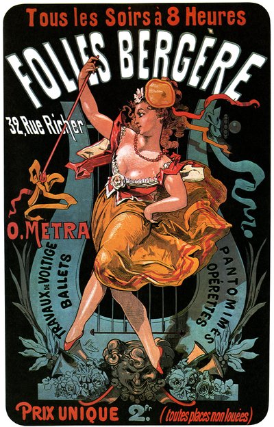 Poster voor de Folies-Bergere 1874 door Jules Cheret - acrobatische werken, balletten, pantomimes, operettes, dans, danser, music hall, vrolijk Parijs, Parijs bij nacht door Jules Cheret