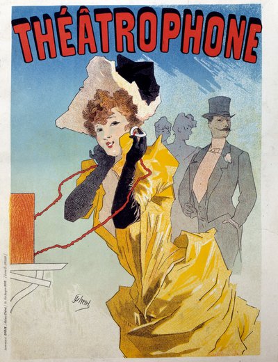 Poster voor de Theatrophone: een jonge elegante luistert naar een toneelstuk door Jules Cheret