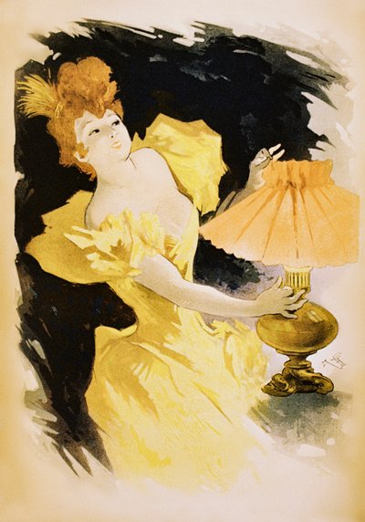 Vintage poster van elegante vrouw die gaslamp aansteekt door Jules Cheret
