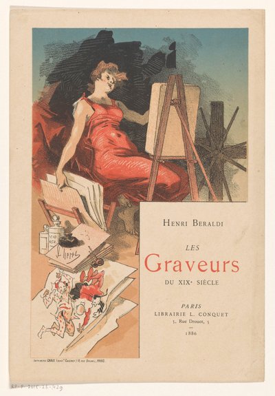 Vrouw omringd door gereedschappen en materialen van een prentmaker door Jules Cheret