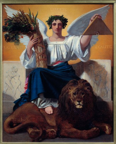 De Republiek. Allegorie die de republiek voorstelt als een engelachtige vrouw met een kroon, symbool van vrijheid, die de bundel vasthoudt, symbool van broederschap, en de delta, symbool van gelijkheid, met haar voeten op een leeuw, symbool van macht. Het  door Jules Claude Ziegler