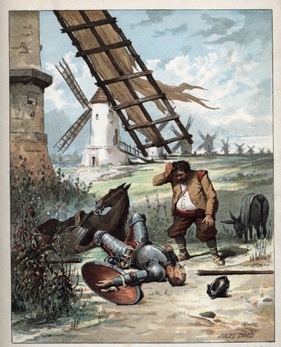 Don Quichot en de windmolens - Illustratie van Jules David (1808-1892) uit Histoire de Don Quichote (Don Quichot) - 1887 - door Miguel de Cervantes Saavedra (1547-1616) door Jules David