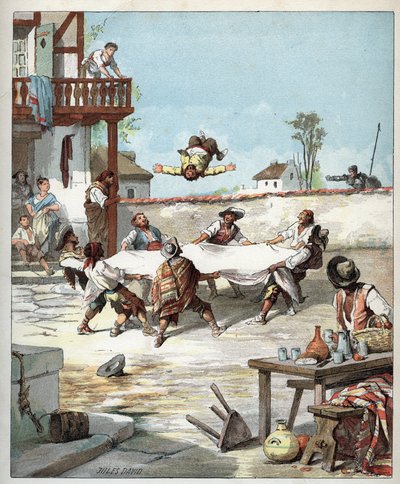 In de herberg wordt Sancho Panza mishandeld, hij roept zijn meester Don Quichot om hulp - Illustratie van Jules David (1808-1892) uit 
