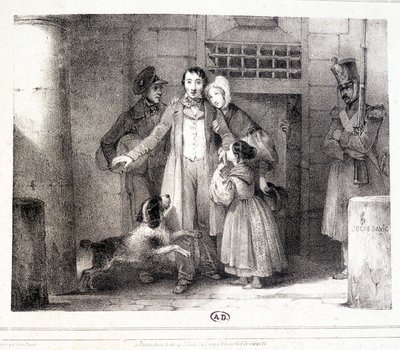 Man verlaat de gevangenis en wordt herenigd met zijn familie, ca. 1830. door Jules David