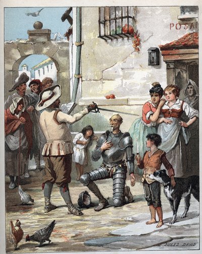 Buiten een herberg, Don Quichot wordt ridder - Illustratie van Jules David (1808-1892) uit Histoire de Don Quichote (Don Quichot) - 1887 - door Miguel de Cervantes Saavedra (1547-1616) door Jules David